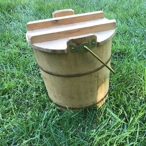 Vintage Japanese wooden honey bucket with lid, brass handle and copper rings.